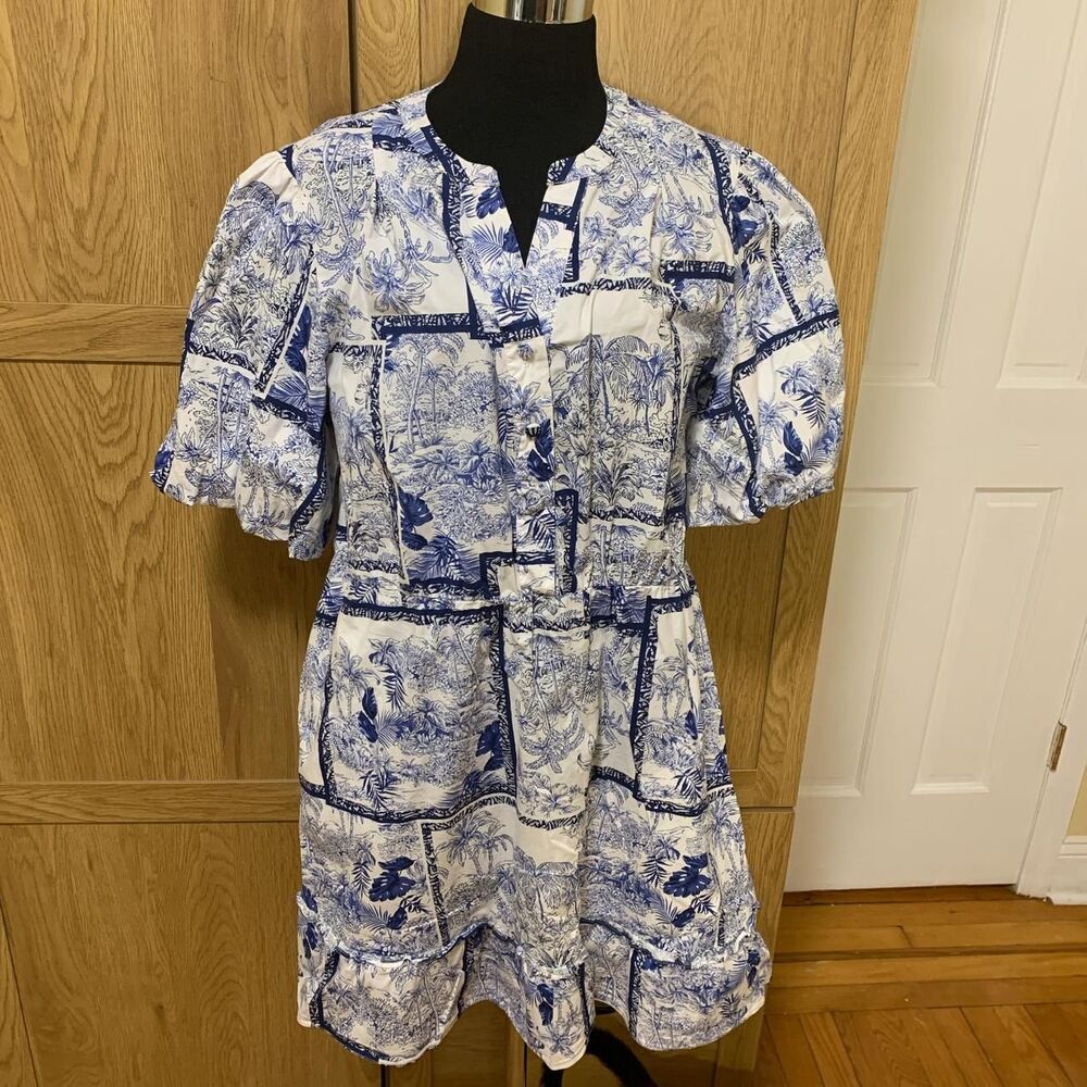 Joie cotton dress buttons elastic16 pockets a-line knee-length tropical ruffle